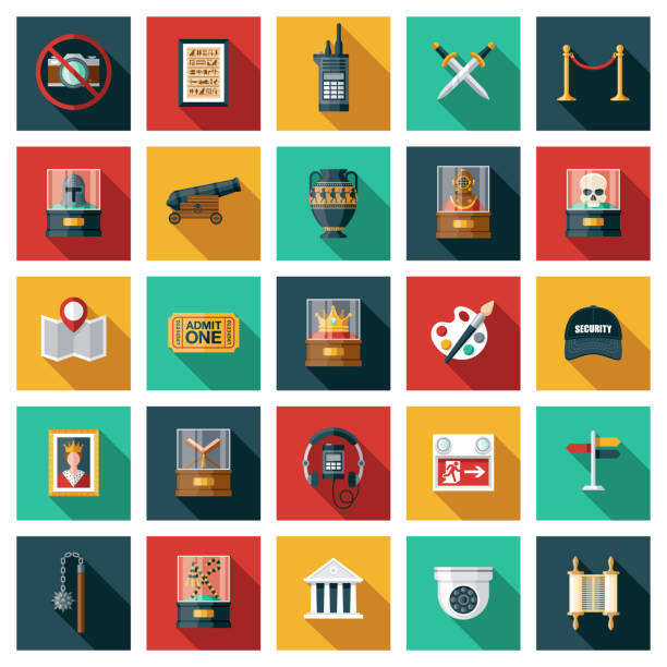 Museum and Art Gallery Icon Set A set of square flat design icons with a long side shadow. File is built in the CMYK color space for optimal printing. Color swatches are global so it’s easy to edit and change the colors. art museum illustrations stock illustrations