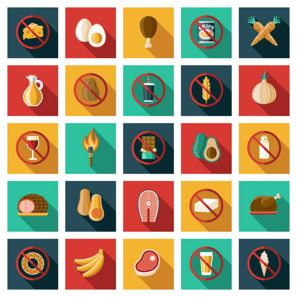 Paleo Diet Icon Set A set of square flat design icons with a long side shadow. File is built in the CMYK color space for optimal printing. Color swatches are global so it’s easy to edit and change the colors. paleo stock illustrations