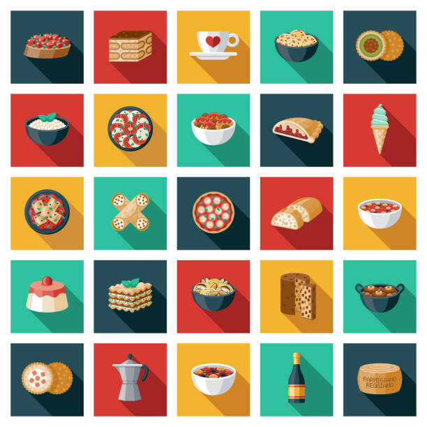ilustraciones, imágenes clip art, dibujos animados e iconos de stock de conjunto de icono de comida italiana - minestrone