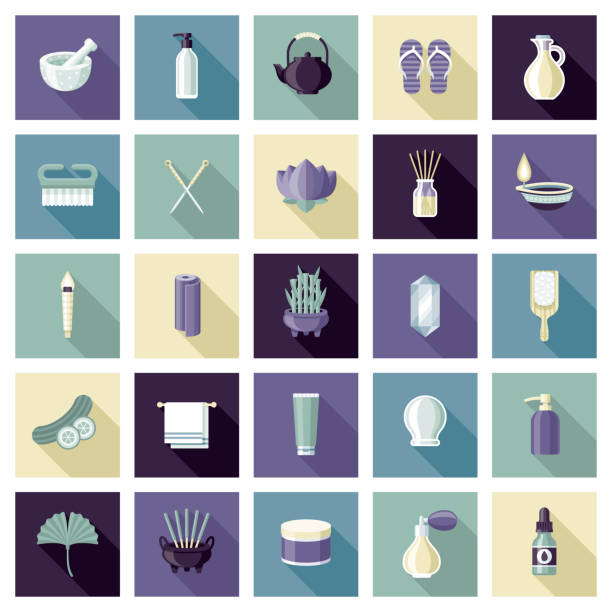 Spa and Beauty Icon Set A set of square flat design icons with a long side shadow. File is built in the CMYK color space for optimal printing. Color swatches are global so it’s easy to edit and change the colors. acupuncture mat stock illustrations
