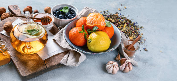 istock Remedies for cold and flu.Healthy food immune boosting selection. 1213818971