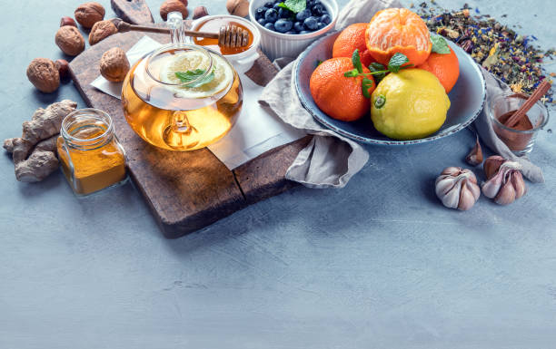 istock Remedies for cold and flu.Healthy food immune boosting selection. 1213818986