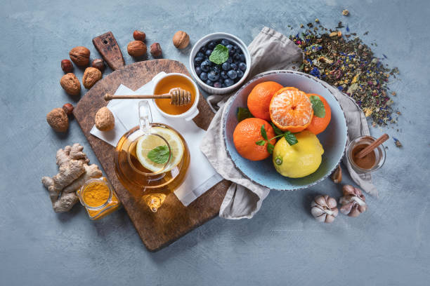 istock Remedies for cold and flu.Healthy food immune boosting selection. 1213818996