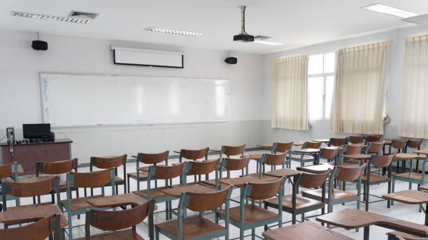 Schools in Asian shutdown due to Coronona Virus or COVID-19 spreading. An empty classroom with no student. stock photo
