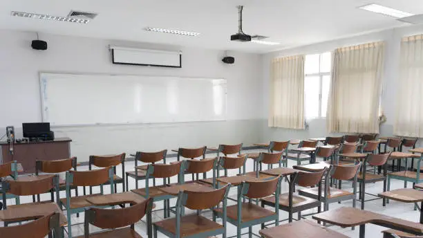 Schools in Asian shutdown due to the Coronona Virus or COVID-19 spreading. An empty classroom with no student.