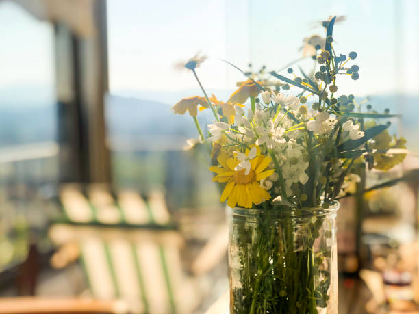 Vibrant summer colors, sunlight and flowers in vase. Flowers standing on wooden garden table. Empty striped summer chair near table.