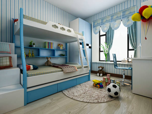istock 3D rendering, blue children's room with bed, desk, wardrobe, etc. 1213826883