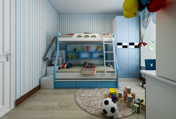 istock 3D rendering, blue children's room with bed, desk, wardrobe, etc. 1213826888