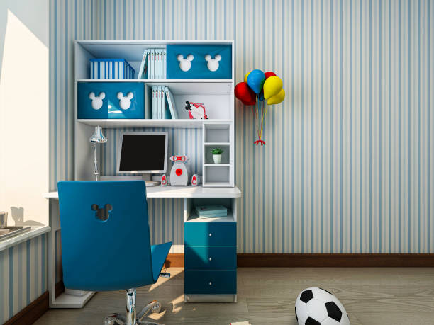 istock 3D rendering, blue children's room with bed, desk, wardrobe, etc. 1213826891
