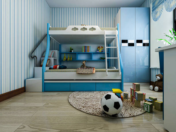 istock 3D rendering, blue children's room with bed, desk, wardrobe, etc. 1213826893