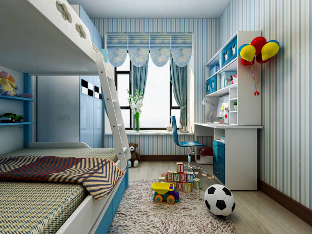 istock 3D rendering, blue children's room with bed, desk, wardrobe, etc. 1213826896
