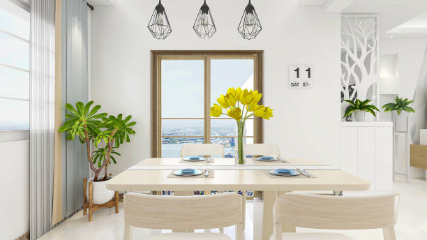 istock 3D rendering, modern design restaurant with dining table and green plants... 1213828805
