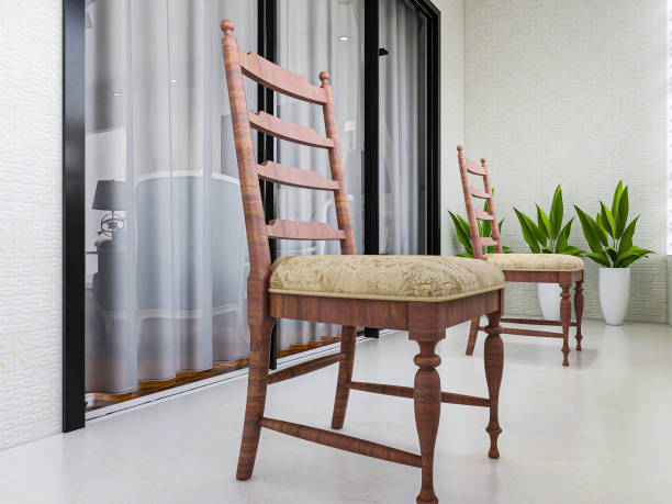 istock 3D rendering, enclosed balcony with tables, chairs, green plants, white appliances, washing machines, etc 1213830048