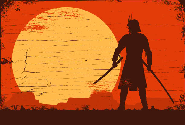 istock Silhouette of Japanese samurai with sword standing at sunset, Vector 1213830674