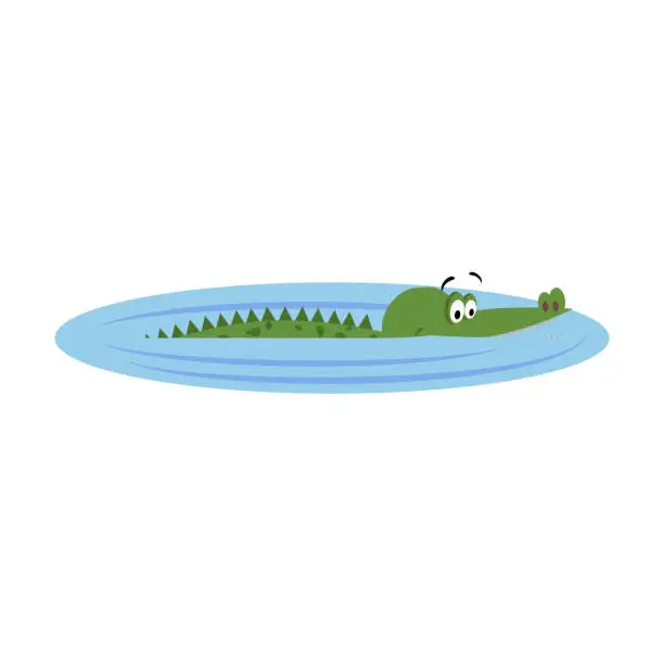 Vector illustration of Friendly Cartoon Crocodile Swims in Lake Vector
