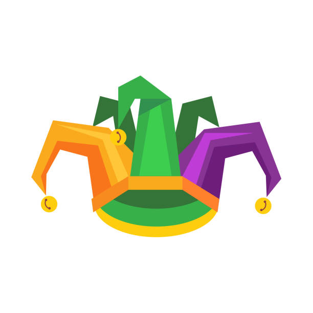 Colorful Jester Hat with Bells Flat Vector Colorful jester hat with bells flat vector icon isolated on white background. Medieval harlequin costume. Masquerade clothing attribute illustration for costumed party or festival invitation design weird clown stock illustrations