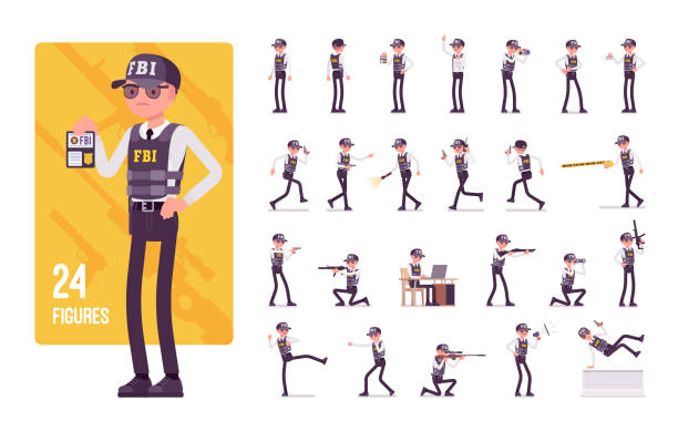 stockillustraties, clipart, cartoons en iconen met fbi-agent karakter set - cybercrime children