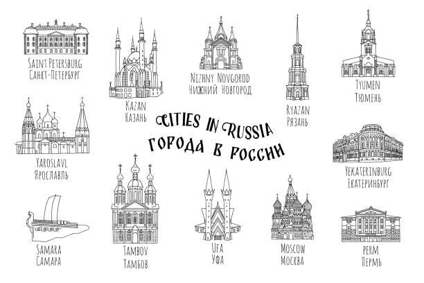 Monuments, cathedrals and mosques in Russia Set with twelve hand drawn monuments, cathedrals and mosques from various Russian cities tambov russia stock illustrations