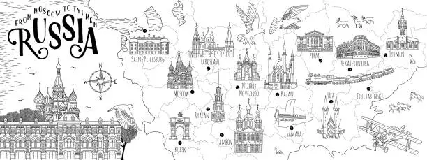 Vector illustration of Hand drawn map of Russia