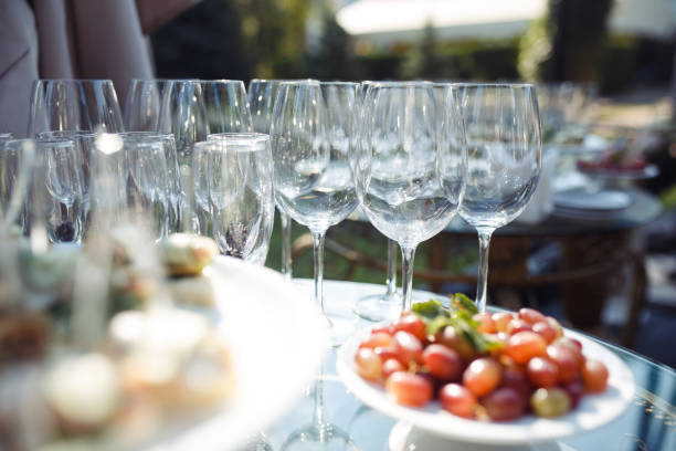 Champaign glasses on wedding table. Serving wedding table. Party and holiday celebration concept