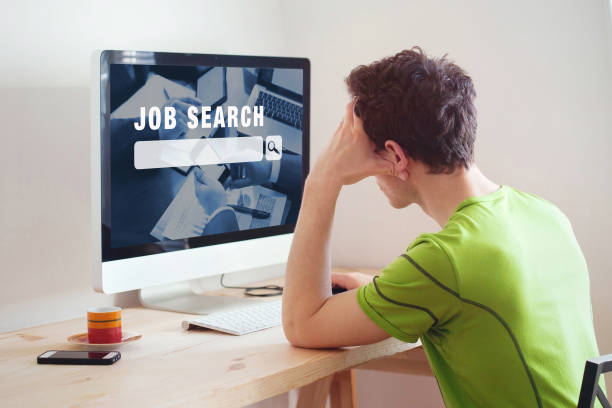 unemployment concept, job search on internet unemployment concept, job search on internet, man at home looking for good career job search stock pictures, royalty-free photos & images