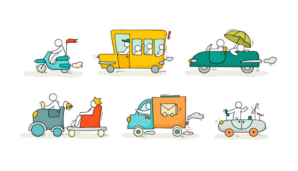 ilustraciones, imágenes clip art, dibujos animados e iconos de stock de sketch set con coches lindos y personas - car child teamwork sports race