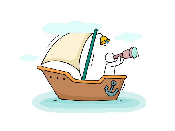Sketch of little man sail by boat Sketch of little man sail by boat. Doodle cute miniature scene about transportation. Hand drawn cartoon vector illustration for vacation design. anchor free pic stock illustrations