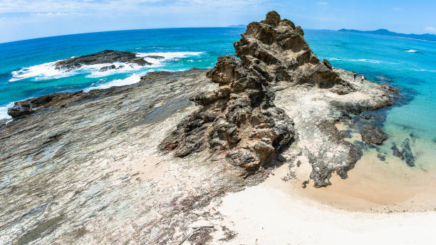 Scenic blue ocean at Numbucca heads panoramic view of scenic headland rock into sea waters a holiday travel destination.