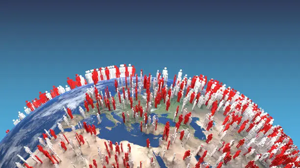 3d rendering of Planet Earth closeup with stylized red and white men over it(elements of this image by Nasa)