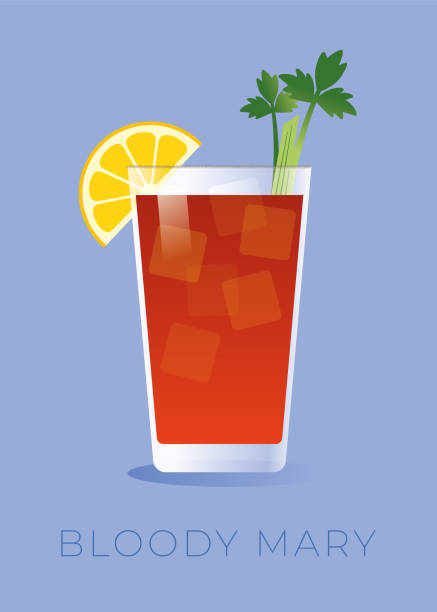 Bloody Mary cocktail with a lemon slice and a celery. Bloody Mary is a classic cocktail made with a combination of vodka, tomato juice, lemon juice, Worcestershire sauce, tabasco, celery salt, and pepper.. The cocktail is garnished with olives, lemon wedges, cheese cubes, and even dried sausages and shrimp. Stock illustration vodka sauce stock illustrations