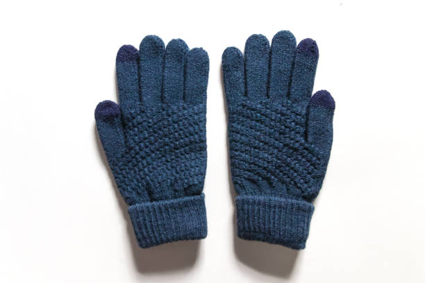 luvas de tela de toque azul escuro isoladas no fundo branco. - glove winter wool touching - fotografias e filmes do acervo