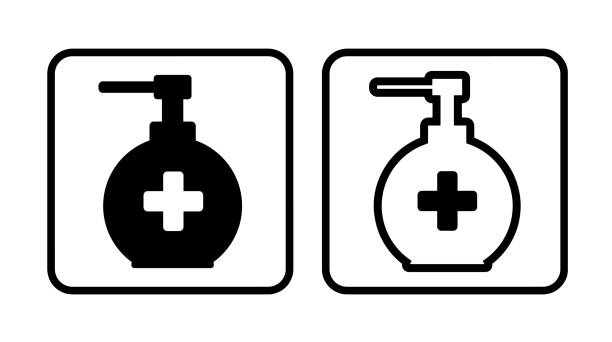 흰색 배경에 위생 아이콘 - liquid soap moisturizer bottle hygiene stock illustrations