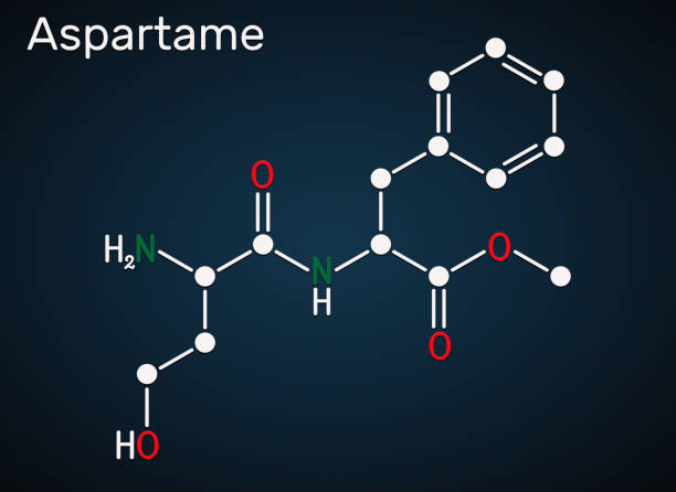 Aspartame, APM, molecule. Sugar substitute and E951. Structural chemical formula on the dark blue background Aspartame, APM, molecule. Sugar substitute and E951. Structural chemical formula on the dark blue background. Illustration chemical formula for aspartame stock illustrations