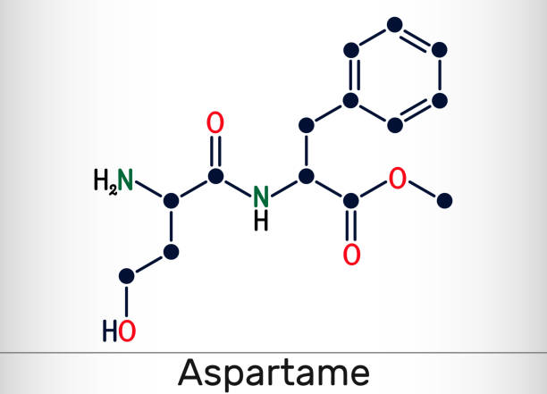 Aspartame, APM, molecule. Sugar substitute and E951. Structural chemical formula Aspartame, APM, molecule. Sugar substitute and E951. Structural chemical formula. Vector illustration chemical formula for aspartame stock illustrations