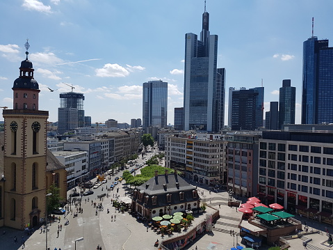 Square with many high buildings or skyline in the main Finance city in Germany, view on city square \