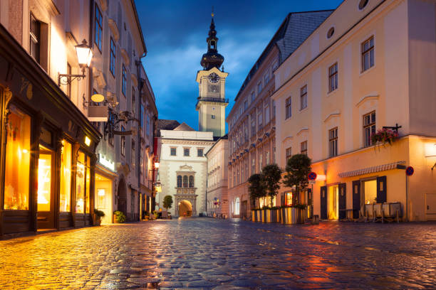Linz, Austria. Cityscape image of old town Linz, Austria during twilight blue hour with reflection of the city lights. linz austria stock pictures, royalty-free photos & images