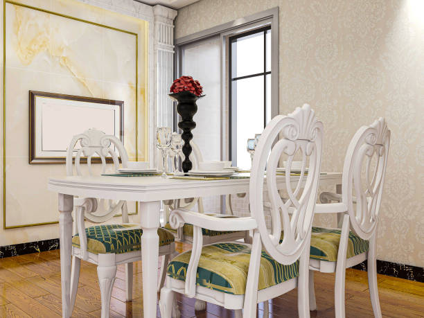 istock 3D rendering, European style dining room and kitchen with clean and tidy kitchenware 1213849652