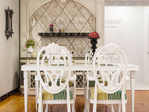 istock 3D rendering, European style dining room and kitchen with clean and tidy kitchenware 1213849653