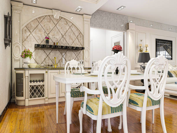 istock 3D rendering, European style dining room and kitchen with clean and tidy kitchenware 1213849660