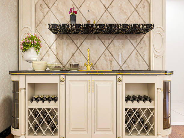 istock 3D rendering, European style dining room and kitchen with clean and tidy kitchenware 1213849662