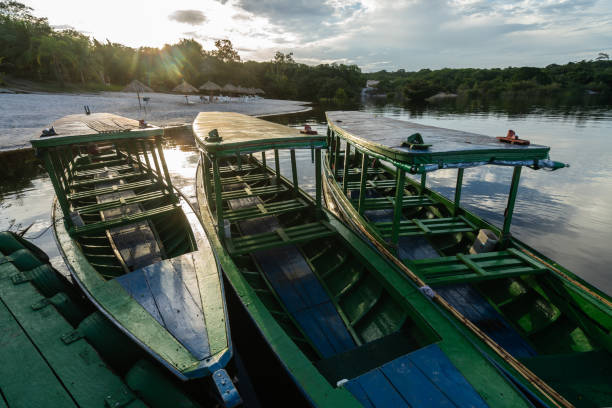 Amazon, Brazil – March 9, 2019: Traditional boats at the Hotel Amazon Eco Park boat stop at sunrise
