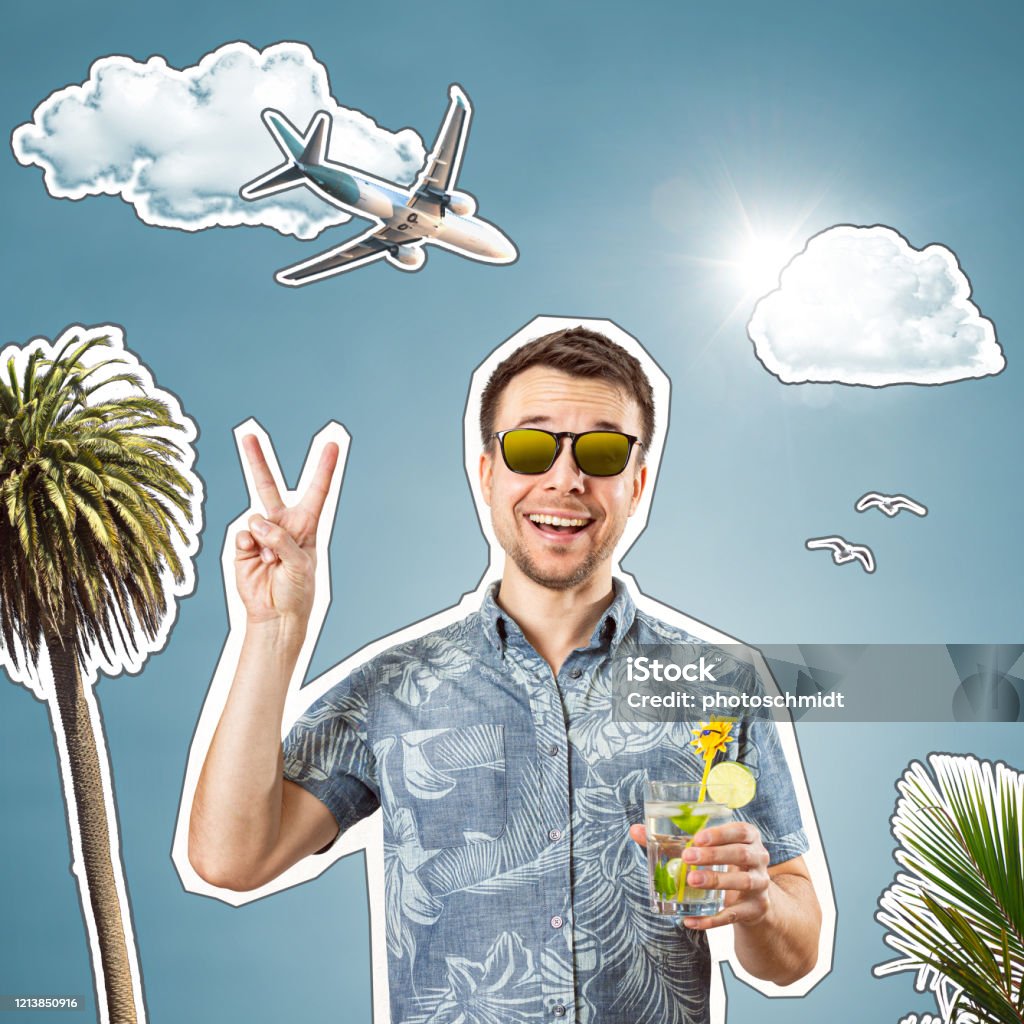 Travel collage with a happy tourist Young man in vacation mode smiling into the camera. Collage style image containing palm trees, white clouds, an airplane and a tourist with a drink. 30-34 Years Stock Photo