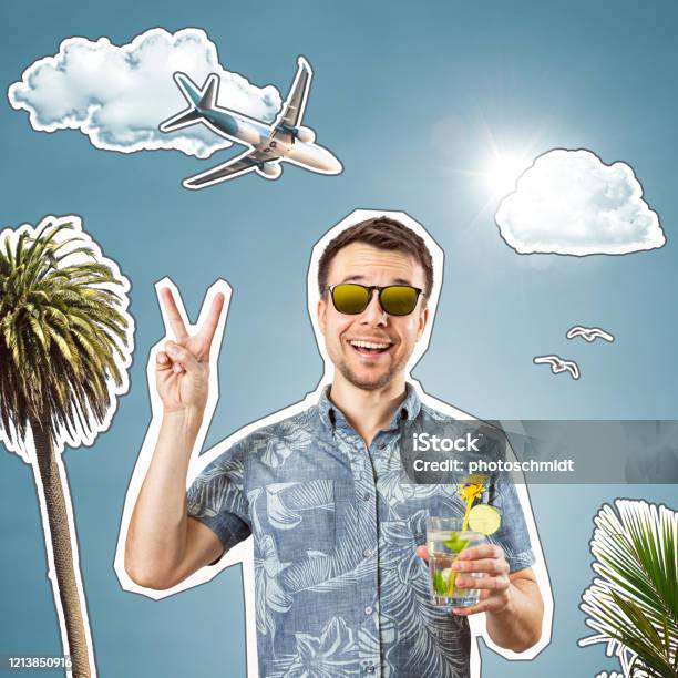 Travel Collage With A Happy Tourist Stock Photo - Download Image Now - 30-34 Years, Adult, Adults Only