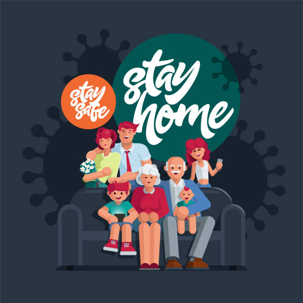 Stay home and stay safe Happy big family in home. Grandparents, mother, father, son, daughter, baby together. Corona virus pandemic awareness social media campaign and coronavirus prevention. Stay home and stay safe banner on background. cold and flu family stock illustrations