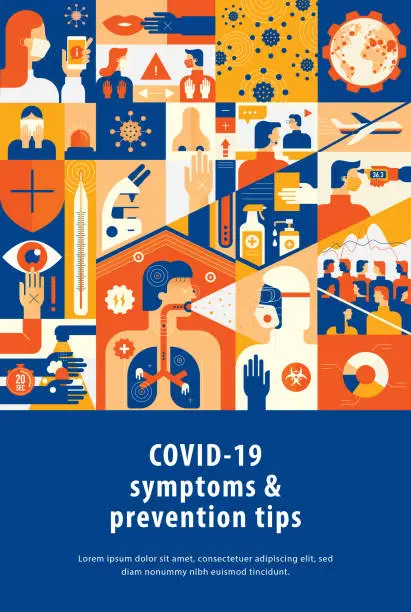 Vector illustration of Coronavirus Symptoms And Prevention Tips Cover Template