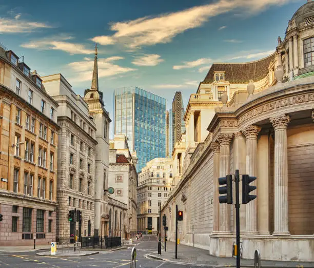 Photo of View of deserted Lothbury Street in London banking district.