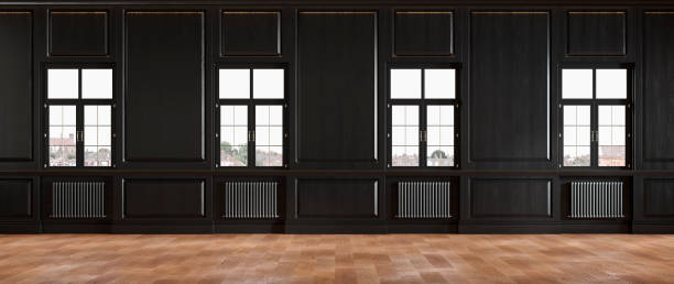 istock Black classic loft room interior with wall panel and windows. 3d render illustration mock up. 1213854336