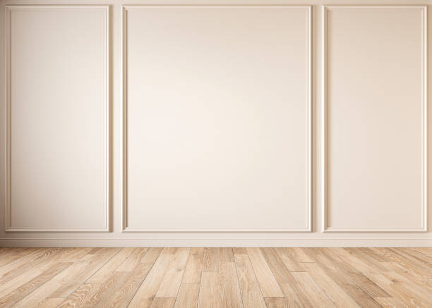 istock Modern classic beige empty interior with moldings and wooden floor. 3d render illustration mock up. 1213855233