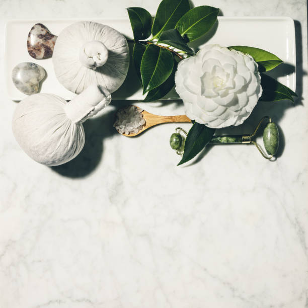 composição plana com flor de célia primavera e vários produtos de beleza em mesa de mármore branco - alternative therapy stone zen like nature - fotografias e filmes do acervo