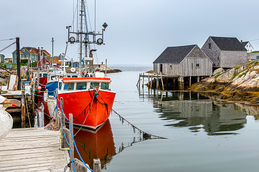 Colorful shrimp fishing boats docked in harbor at Biloxi, Mississippi